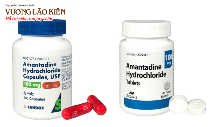 Thuốc Amantadine có hai dạng bào chế là viên nang (bên trái) và viên nén (bên phải)